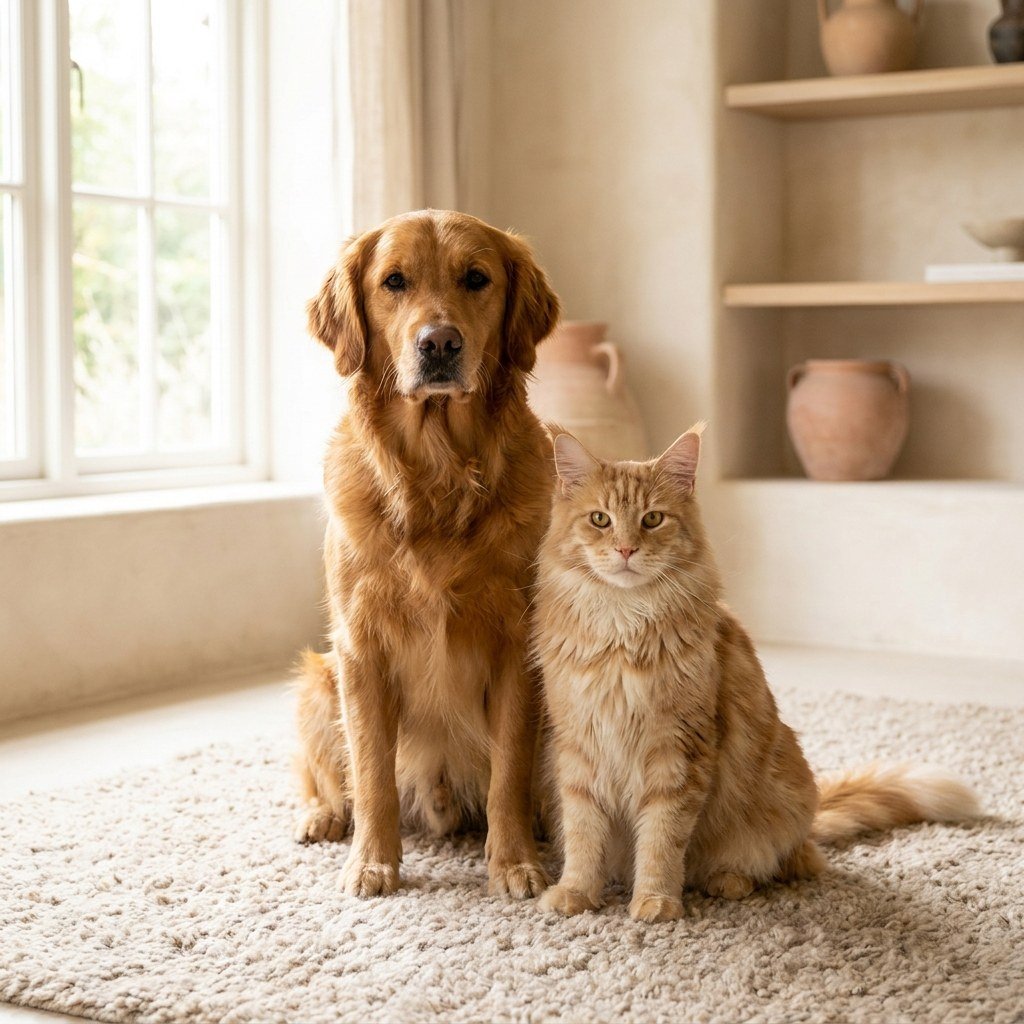 A Golden Retriever dog and a Maine Coon cat together